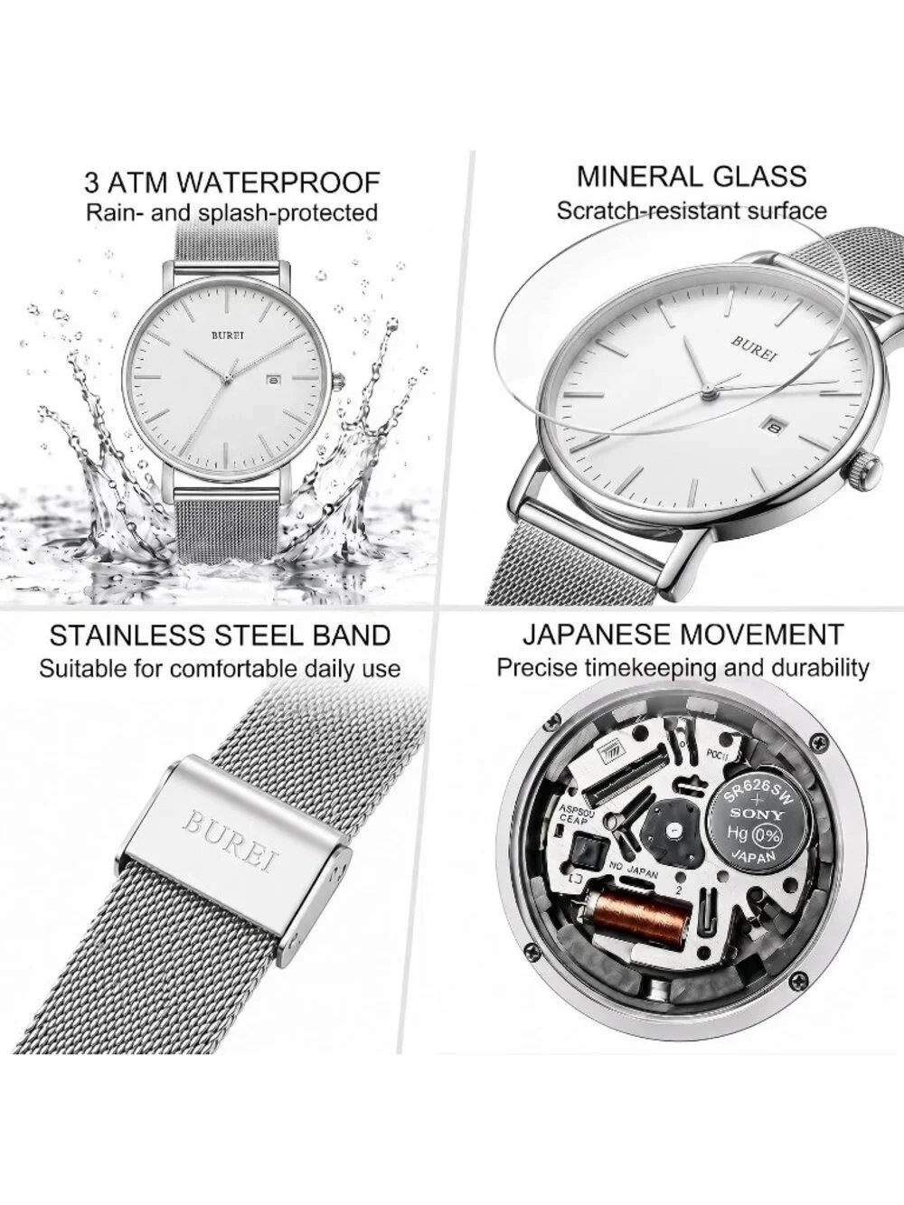 Men's Silver Stainless Steel Mesh Band Minimalist Analog Waterproof Wrist Watch